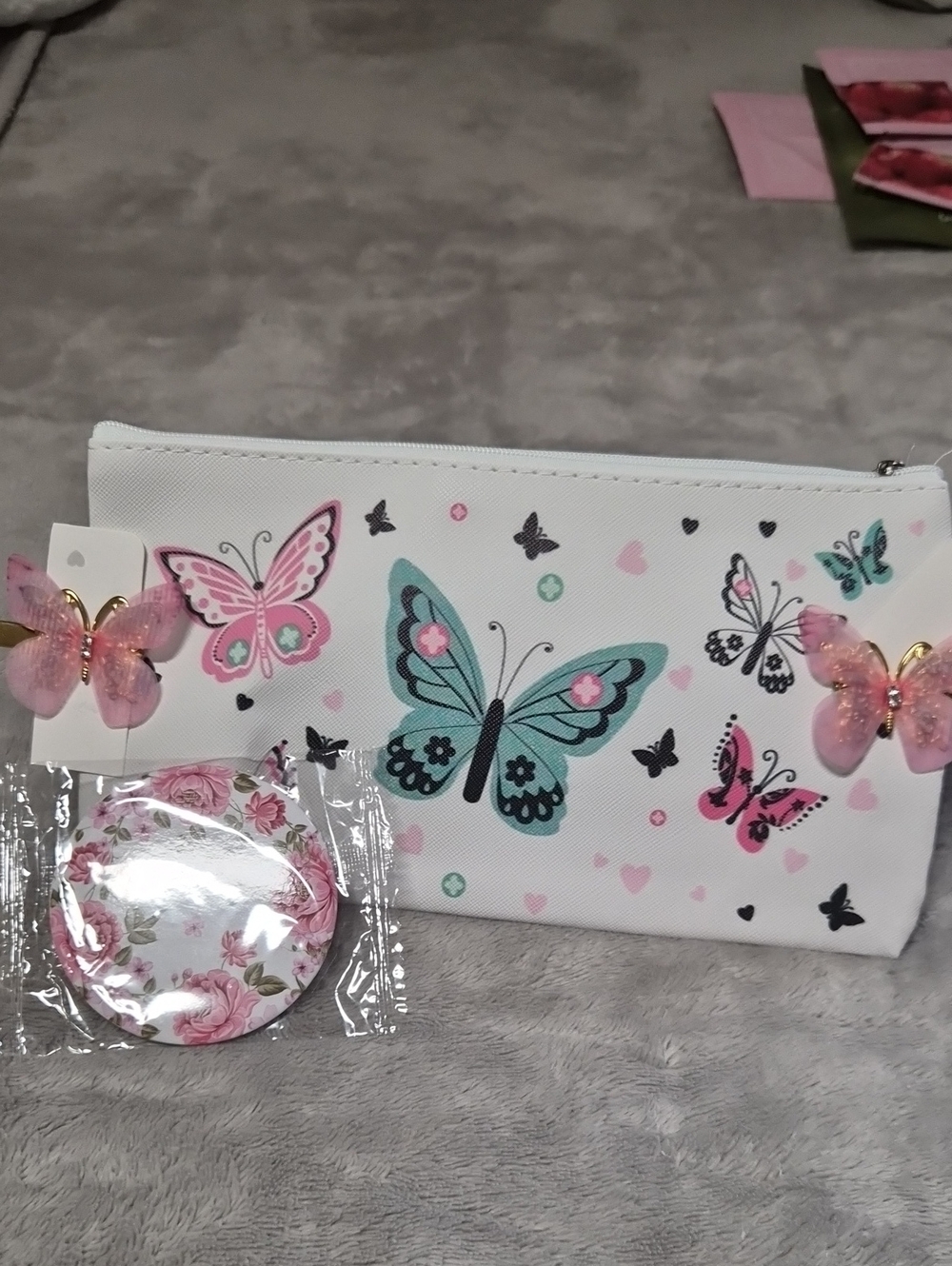 Butterfly Print Kids Pencil Case - White with Pink & Aqua Butterflies